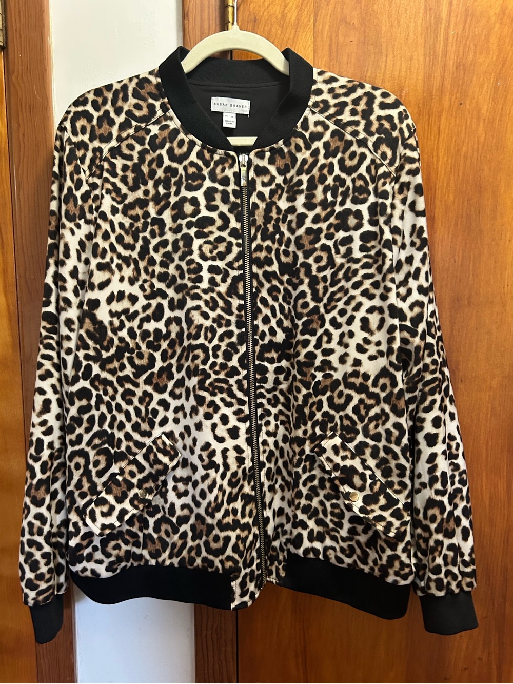 Susan Graver Leopard Print Bomber Jacket in Black and Brown